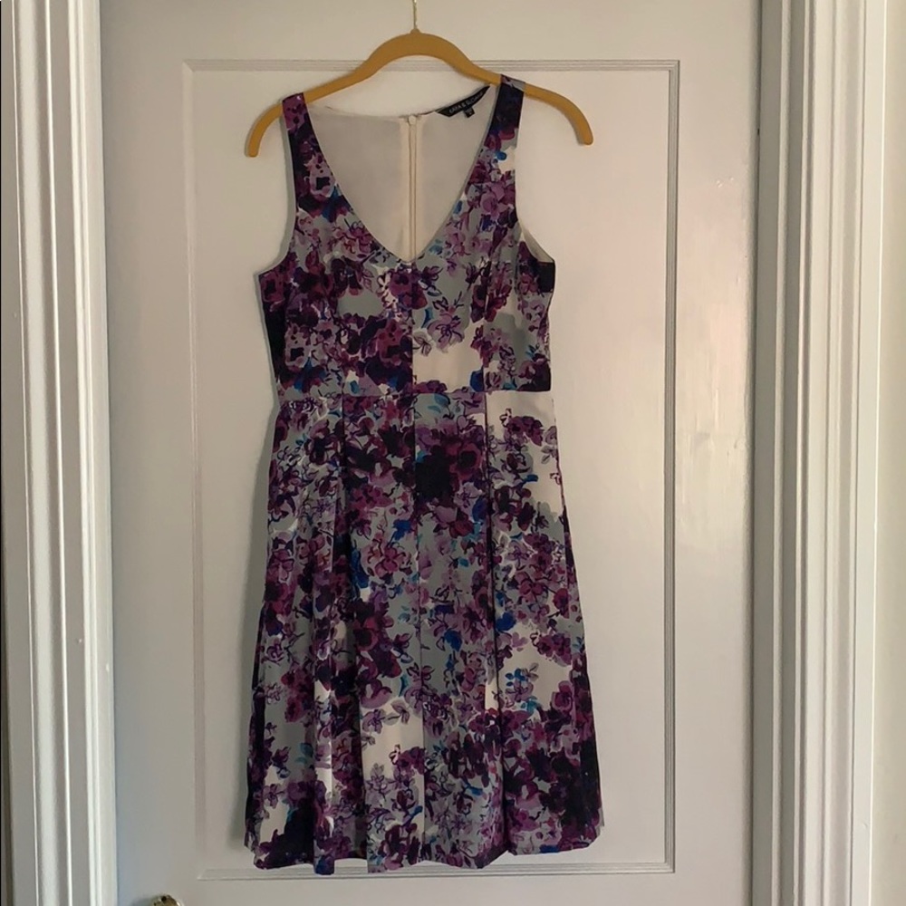 Purple, gray, and cream cocktail dress